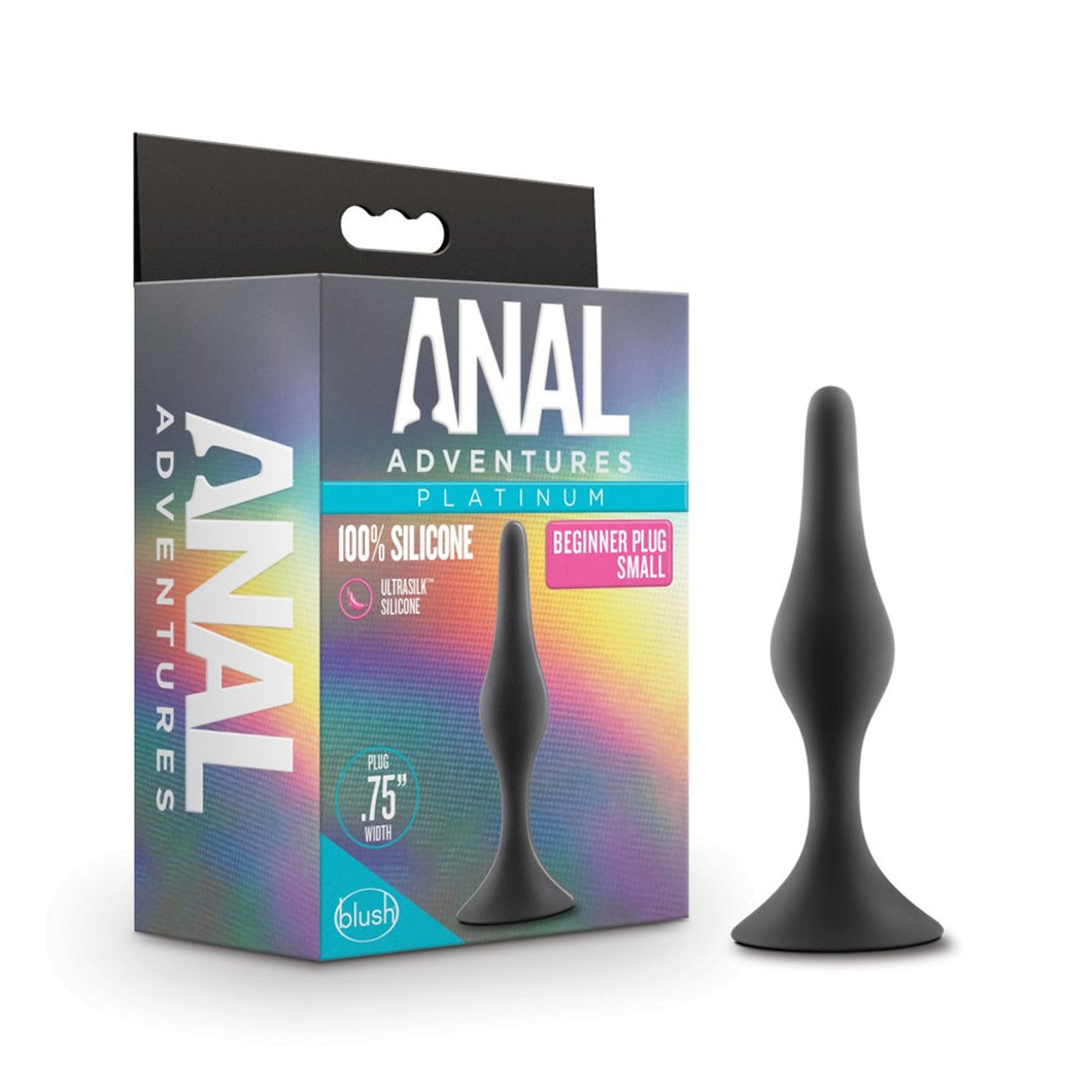 On the left side of the image is the product packaging. On the left side of packaging is the Anal Adventures logo. On the front of the packaging is the Anal Adventures Platinum logo, product name: 100% silicone Beginner Plug Small, product feature icons for: Ultrasilk silicone; Plug .75