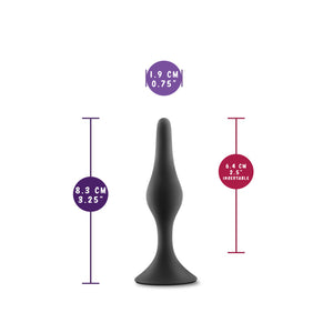 blush Anal Adventures Platinum 100% Silicone Small Beginner Plug measurements: Insertable width: 1.9 centimetres / 0.75 inches; Product length: 8.3 centimtres / 3.25 inches; Insertable length: 6.4 centimtres / 2.5 inches.