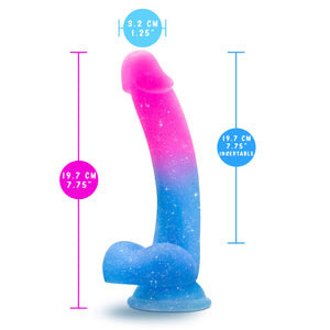 blush Avant Chasing Sunsets Puria Platinum-Cured Silicone Dildo measurements: Insertable width: 3.2 cm / 1.25"; Product length: 19.7 cm / 1.75"; Insertable length: 19.7 cm / 7.75".