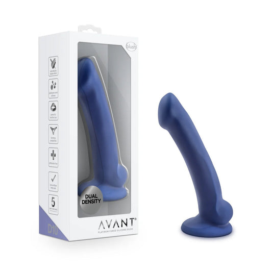 Retail packaging display box alongside the Avant Ergo Mini indigo blue dildo.