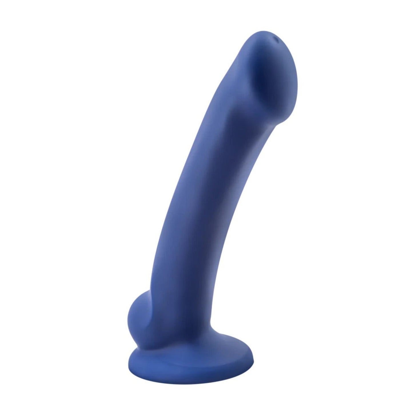 Upright view of the Avant Ergo Mini indigo blue dildo featuring an ergonomic curve and flared suction cup base.