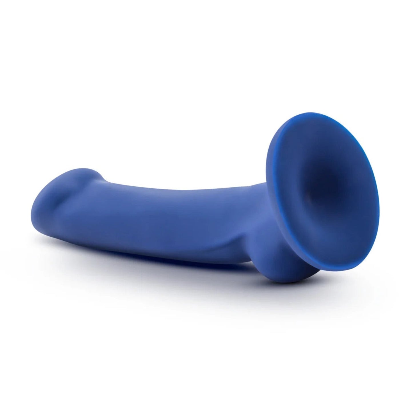 Blue Avant Ergo Mini silicone dildo lying flat, showing the curved shaft, smooth texture, and strong suction cup base.