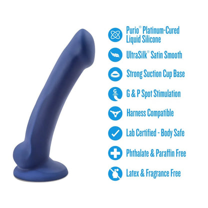 Blue Avant Ergo Mini dildo highlighting features: Purio platinum-cured silicone, UltraSilk finish, suction cup, G-spot and P-spot stimulation, harness compatibility, lab certified body-safe, phthalate, paraffin, latex, and fragrance-free.
