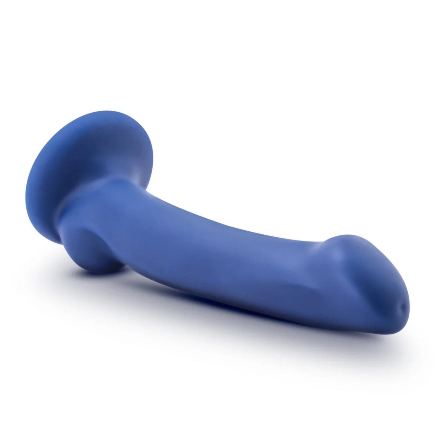 Angled top view of the Avant Ergo Mini blue silicone dildo showing the contoured head and smooth shaft.