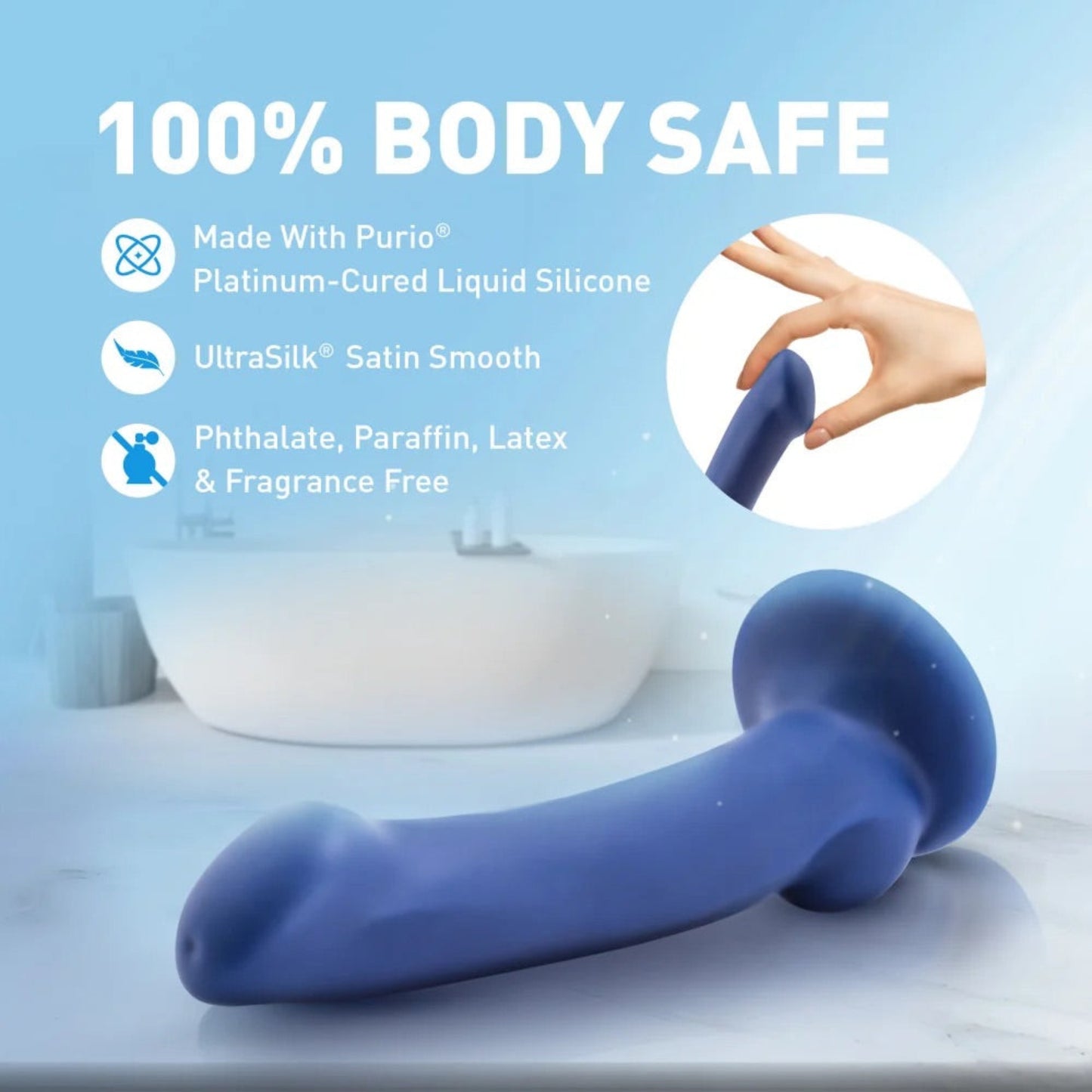 Promo graphic for Avant Ergo Mini showing 100% body-safe features including Purio liquid silicone, UltraSilk satin finish, and phthalate-free construction.