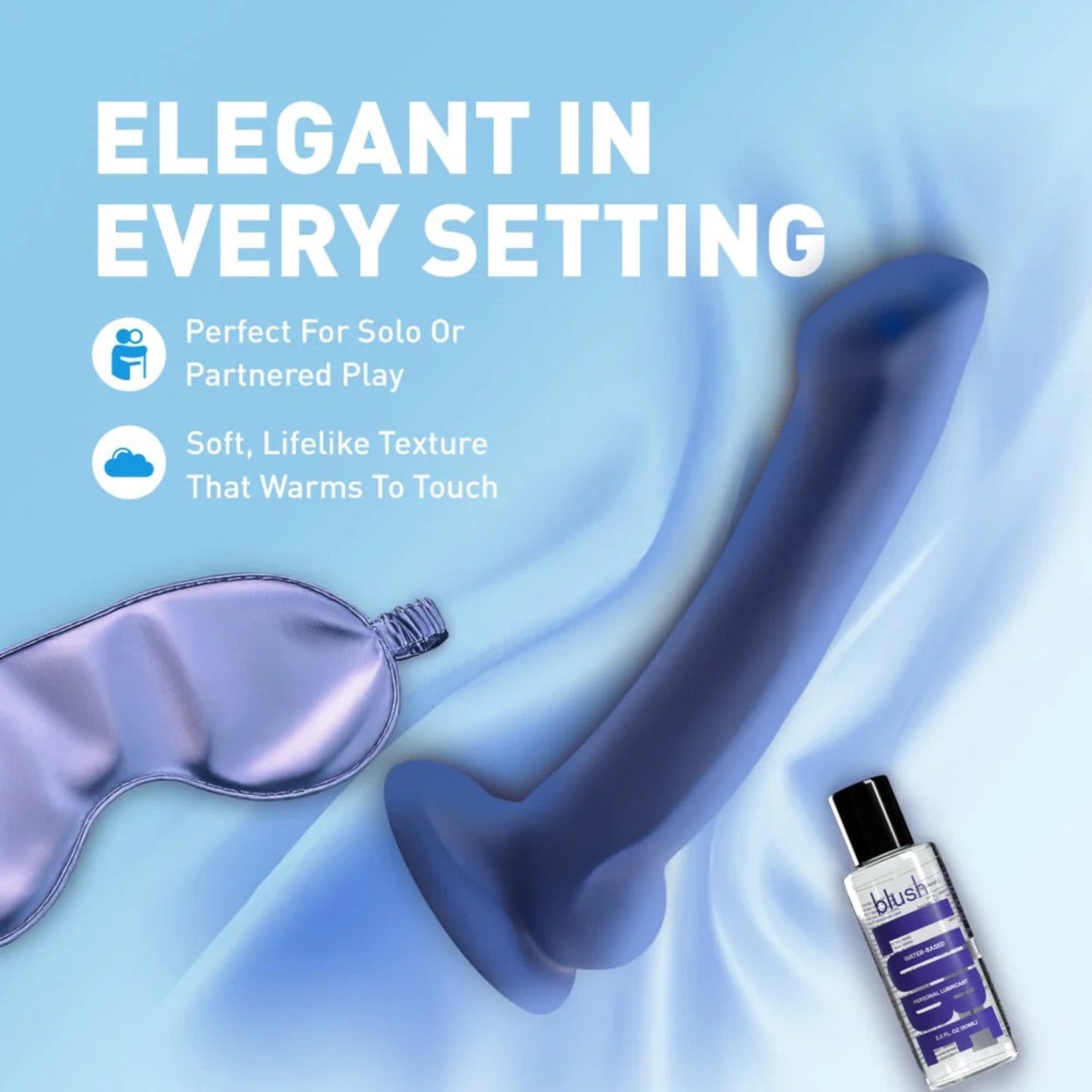 Promo graphic showing the Avant Ergo Mini blue dildo beside a silk eye mask and water-based lubricant for solo or partnered play.