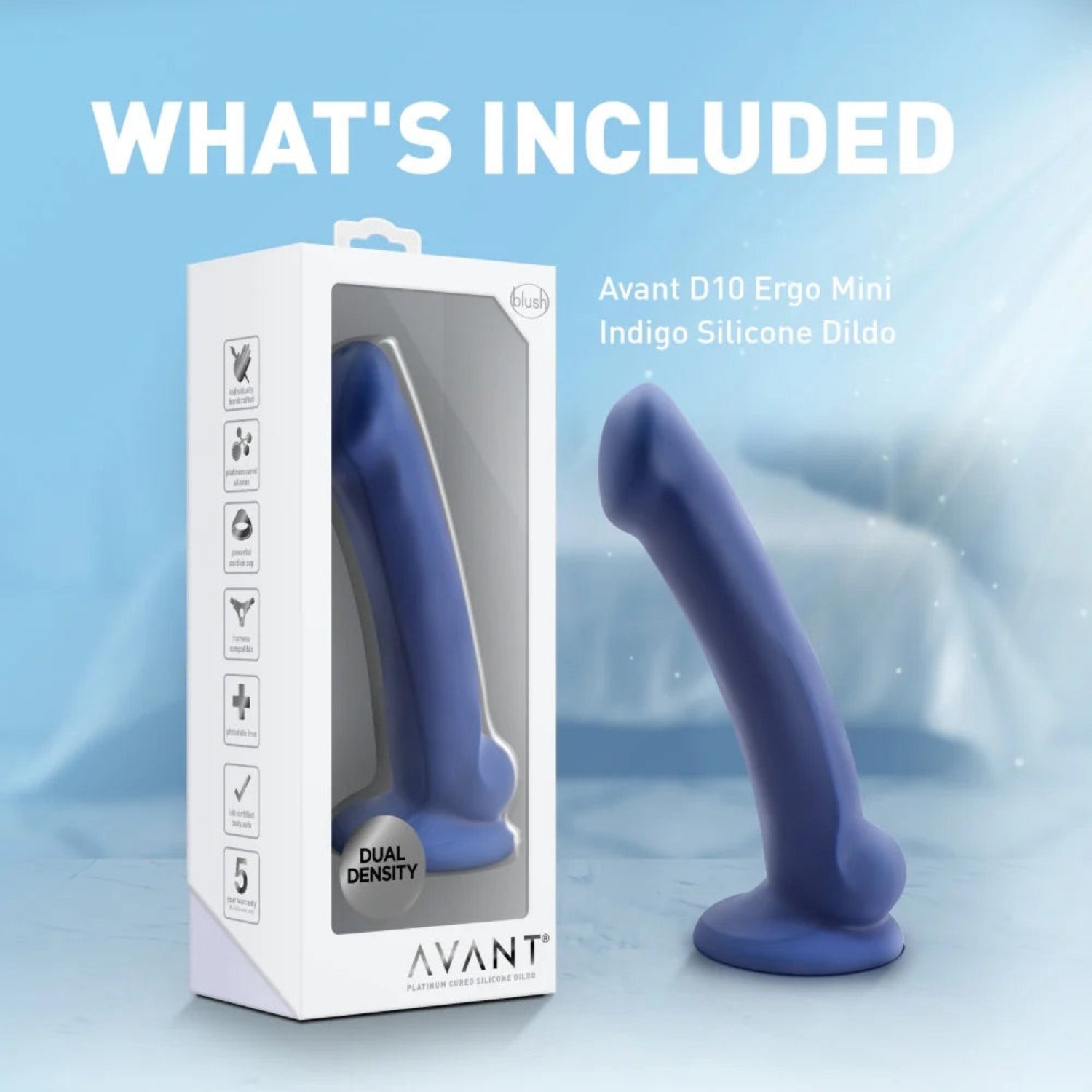 Product retail packaging next to the Avant D10 Ergo Mini Indigo silicone dildo showing the dual-density badge and features.
