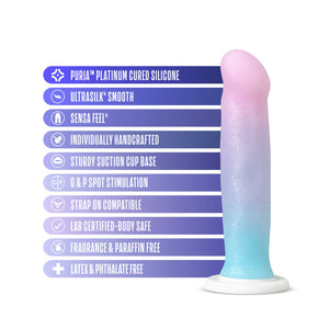 blush Avant Lucky Dildo features: Puria Platinum cured silicone; Ultrasilk smooth; Sensa feel; Individually handcrafted; Sturdy suction cup base; G & P stimulation; Strap on compatible; Lab certified - body safe; Fragrance & Paraffins Free; Latex & Phthalate free.