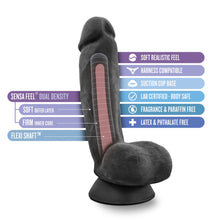 Load image into Gallery viewer, blush Au Naturel Pound 8 Inch Realistic Dildo features: Sensa Feel Dual Density: soft outer layer (pointing to the outer material of product); firm inner core (pointing to the inside material of the product, marked by a grid like illustration); Flexi shaft (pointing to the inside spine of the product); Flexi Shaft; Soft realistic feel; Harness compatible; Suction cup base; Lab certified - body safe; Fragrance &amp; Paraffins free; latex &amp; phthalate free.