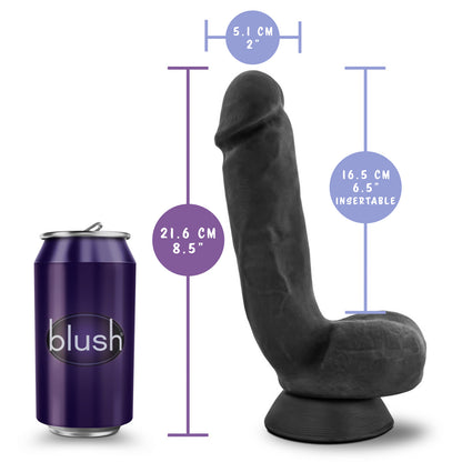 blush Au Naturel Pound 8 Inch Realistic Dildo measurements: Product width: 5.1 cm / 2"; Product length: 21.6 cm / 8.5"; Insertable length: 16.5 cm / 6.5". On the left side of the image is a regular sized can with the blush logo on it, showing the size scale between the product and regular sizes pop can.