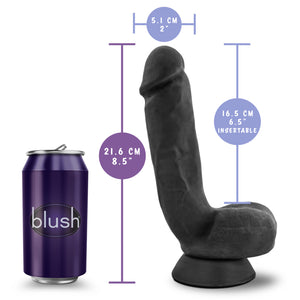 blush Au Naturel Pound 8 Inch Realistic Dildo measurements: Product width: 5.1 cm / 2"; Product length: 21.6 cm / 8.5"; Insertable length: 16.5 cm / 6.5". On the left side of the image is a regular sized can with the blush logo on it, showing the size scale between the product and regular sizes pop can.