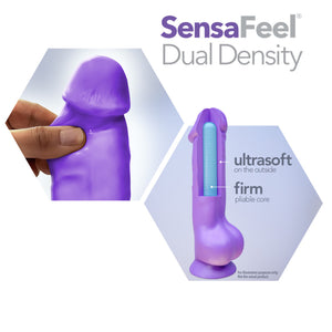 Sensa Feel Dual Density. Left image showing a finger pinching under the tip of the product (demonstrating how soft the material is). Right image is showing an illustrated image of the product with descriptive features: ultrasoft on the outside (pointing to the outer material of the product); firm pliable core (pointing to the inside material of product).