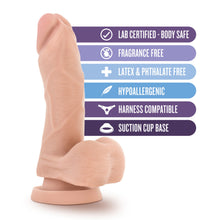 Load image into Gallery viewer, blush Au Naturel Sensa Feel Mighty Mike Realistic Dildo features: Lab certified - body safe; Fragrance free; Latex &amp; phthalates free; Hypoallergenic; Harness compatible; Suction cup base.