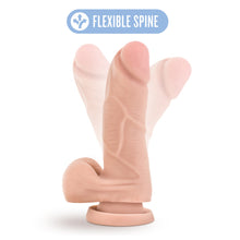 Load image into Gallery viewer, Flexible Spine of the blush Au Naturel Sensa Feel Mighty Mike Realistic Dildo. The Image has the product pending in opposite directions representing the flexibility of the dildo.