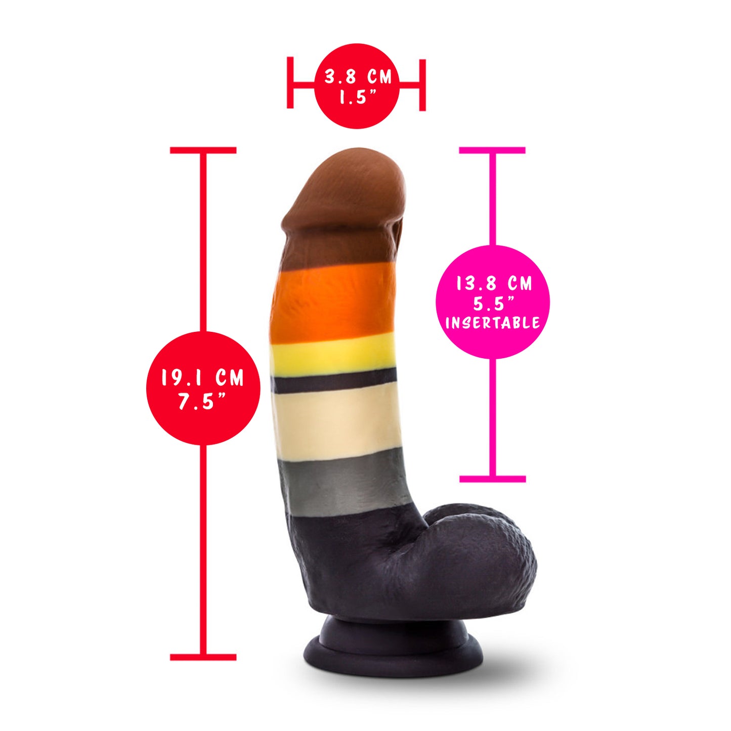 blush Avant Pride Bear Realistic Dildo measurements: Product width: 3.8 cm / 1.5"; Product length: 19.1 cm / 7.5"; Insertable length: 13.8 cm / 5.5".