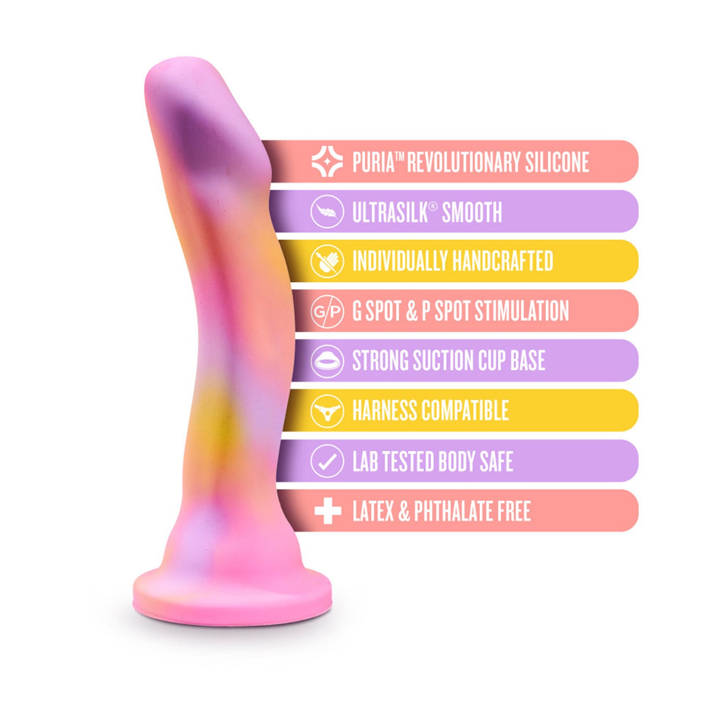 blush Avant Sun's Out Dildo features: Puria revolutionary silicone; Ultrasilk smooth; Individually handcrafted; G Spot & P Spot stimulation; Strong suction cup base; Harness compatible; Lab tested body safe; Latex & Phthalate free.