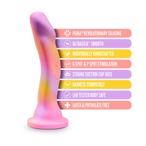 blush Avant Sun's Out Dildo features: Puria revolutionary silicone; Ultrasilk smooth; Individually handcrafted; G Spot & P Spot stimulation; Strong suction cup base; Harness compatible; Lab tested body safe; Latex & Phthalate free.
