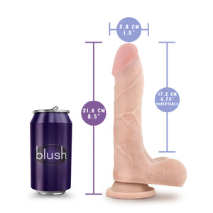 blush Au Naturel Mr Perfect Realistic Dildo measurements: Insertable width: 3.8 cm / 1.5"; Product length: 21.6 cm / 8.5"; Insertable length: 17.2 cm / 6.75". On the left side of the image is a regular sized pop can with the blush logo, showing a scaled size compared to the product.
