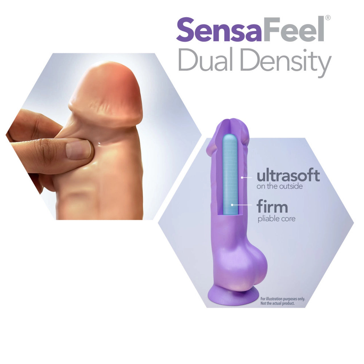 Sensa Feel Dual Density. Left image showing a finger is pinching under the tip of the product, demonstrating how soft the material is. Right image has an illustrated picture of the product with descriptive features: ultrasoft on the outside (pointing to the outside material marked in purple); firm pliable core (pointing to the inside material marked in blue).