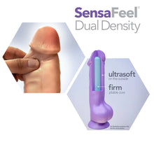 Load image into Gallery viewer, Sensa Feel Dual Density. Left image showing a finger is pinching under the tip of the product, demonstrating how soft the material is. Right image has an illustrated picture of the product with descriptive features: ultrasoft on the outside (pointing to the outside material marked in purple); firm pliable core (pointing to the inside material marked in blue).