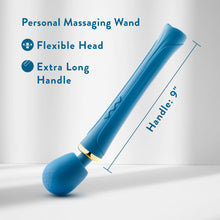 Load image into Gallery viewer, Personal Massaging Wand feature icons for: Flexible Head; Extra long handle. an image of the wand with the head pressed against the ground, and a measurement of the handle showing 9 inches.