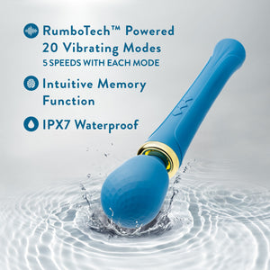 Feature icons for RumboTech Powered 20 vibrating modes, 5 speeds with each mode; Intuitive Memory Function; IPX7 Waterproof. Below is an image of the Blush Dianna Powerful Massage Wand's head dipped in a shallow puddle of water creating a small splash and water ripples.