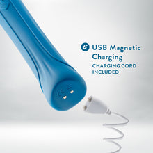 Load image into Gallery viewer, Close up of the Blush Dianna Powerful Massage Wand&#39;s charging port and the magnetic charging cable. On the right side of the image is a feature icon for USB Magnetic Charging: Charging Cord included.