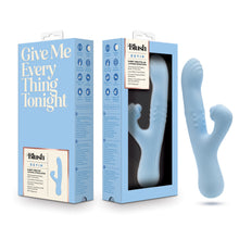 Load image into Gallery viewer, On the left side of the image is the back side of the packaging, in the middle is the front side of the packaging, and on the right side of the image is the product Blush Devin Rabbit Vibrator with 4 Unique Sensations.