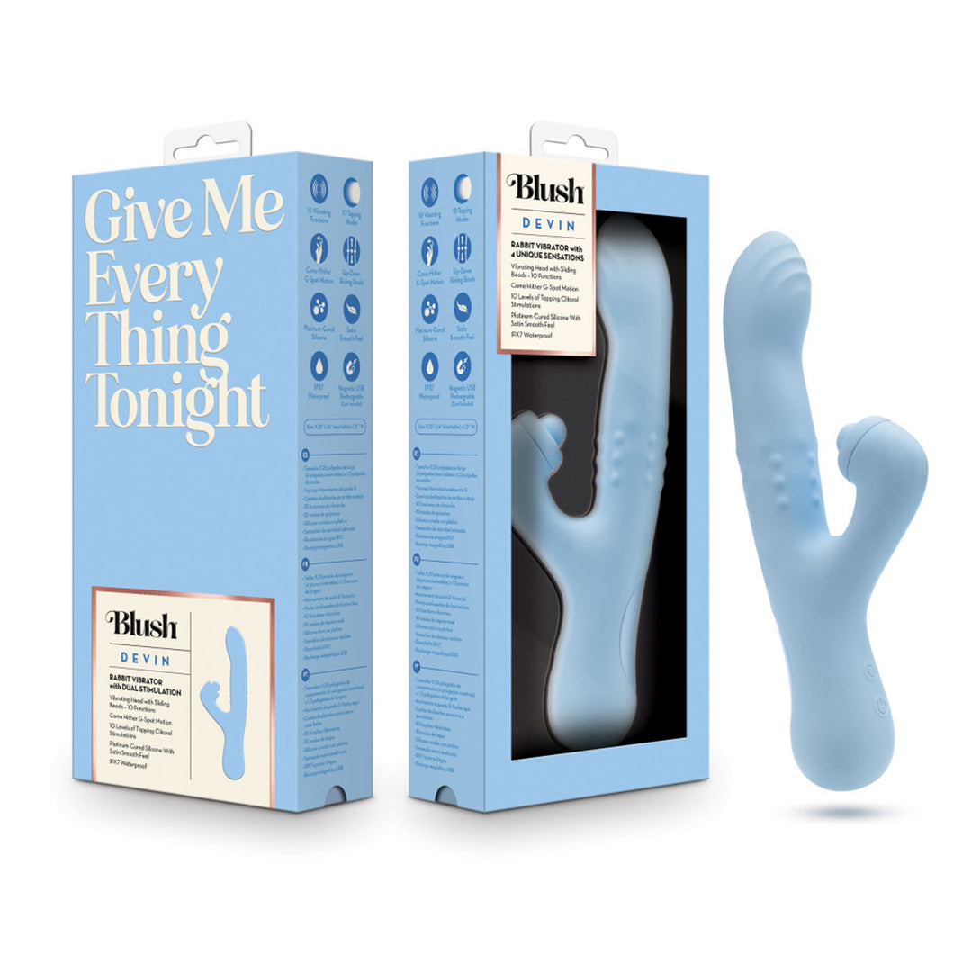 On the left side of the image is the back side of the packaging, in the middle is the front side of the packaging, and on the right side of the image is the product Blush Devin Rabbit Vibrator with 4 Unique Sensations.