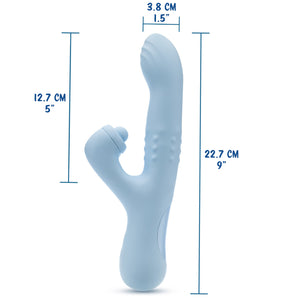 Blush Devin Rabbit Vibrator width: 3.8 centimetres / 1.5 inches; Insertable length: 12.7 centimetres / 5 inches; 22.7 centimetres / 9 inches.