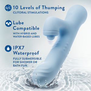 Feature icons for: 10 levels of thumping Clitoral stimulations; Lube compatible with hybrid and Water-Based Lubes; IPX7 Waterproof Fully submersible for shower or bath fun. An image of the Blush Devin Rabbit Vibrator with a tip in the water vibrating.