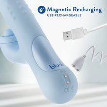Load image into Gallery viewer, Feature icons for Magnetic Recharging USB Rechargeable. A close up of the Blush Devin Rabbit Vibrator charging port with the USB charging cable beside.