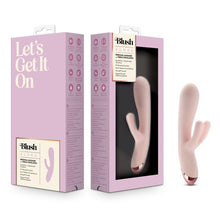 Load image into Gallery viewer, On the left side of the image is the back side of the product packaging, beside is the front side of the product packaging, and on the right side is the product Blush Elora Personal Massager.