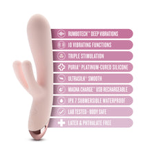 Load image into Gallery viewer, Blush Elora Personal Massager features: RUMBOTECH DEEP VIBRATIONS; 10 VIBRATING FUNCTIONS; TRIPLE STIMULATION; PURIA PLATINUM-CURED SILICONE; ULTRASILK SMOOTH; MAGNA CHARGE USB RECHARGEABLE; IPX 7 SUBMERSIBLE WATERPROOF; LAB TESTED - BODY SAFE; LATEX &amp; PHTHALATE FREE.