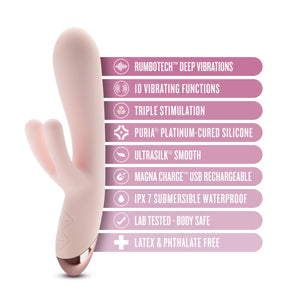 Blush Elora Personal Massager features: RUMBOTECH DEEP VIBRATIONS; 10 VIBRATING FUNCTIONS; TRIPLE STIMULATION; PURIA PLATINUM-CURED SILICONE; ULTRASILK SMOOTH; MAGNA CHARGE USB RECHARGEABLE; IPX 7 SUBMERSIBLE WATERPROOF; LAB TESTED - BODY SAFE; LATEX & PHTHALATE FREE.