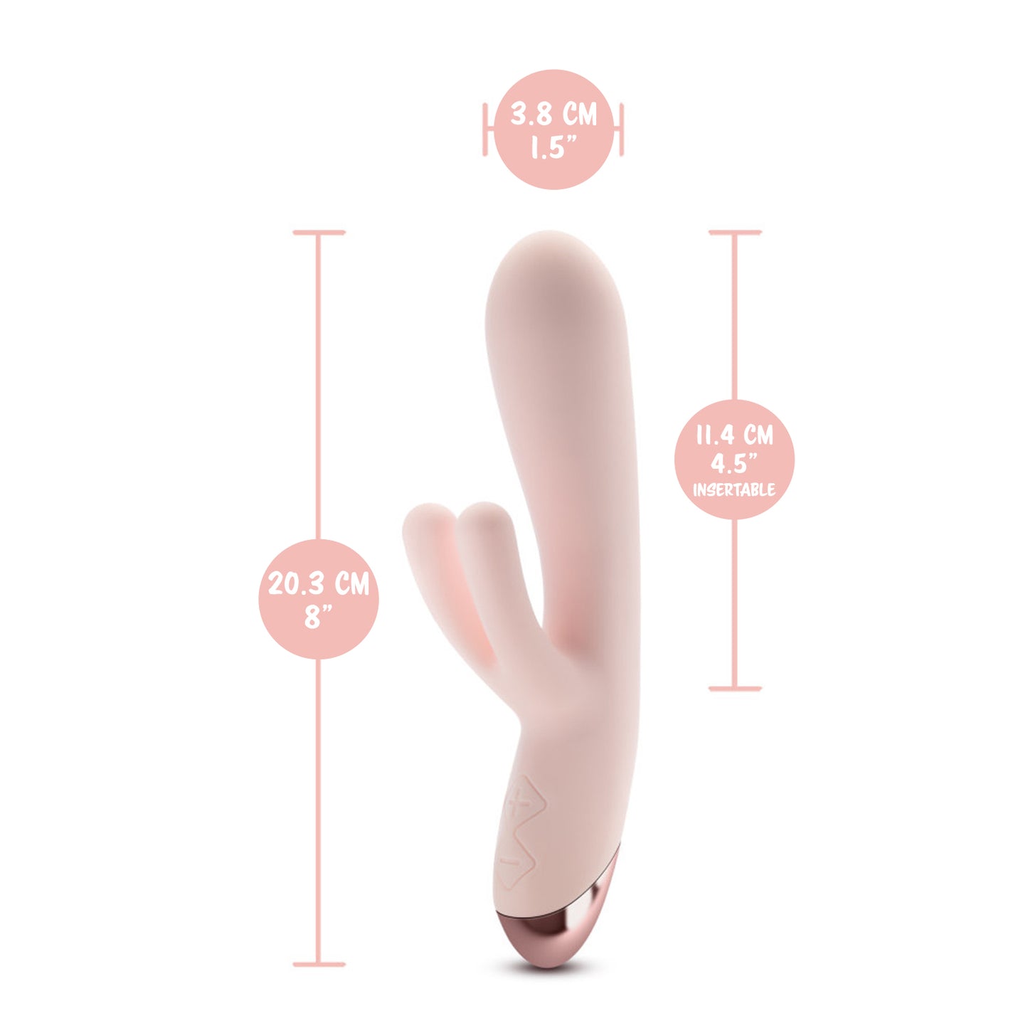 Blush Elora Personal Massager width: 3.8 centimetres / 1.5 inches; Product length: 20.3 centimetres / 8 inches; Insertable length: 11.4 centimetres / 4.5 inches.