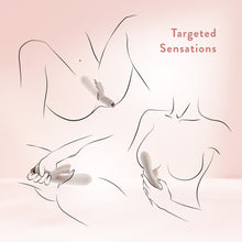Load image into Gallery viewer, 3 Illustration diagrams of Targeted Sensations: Top diagram is showing the Massager inserted in the vagina without support while sitting up; Bottom left the massager is inserted into the vagina being held while laying down; Bottom right diagram is showing the massager caressing the breast area.