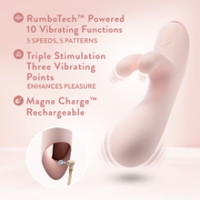 Load image into Gallery viewer, Image showing the Blush Elora Personal Massager Vibrating at all its points, and below is a separate circular close-up image of the charging port. On the top left are feature icons for: RumboTech Powered 10 Vibrating Functions 5 SPEEDS, 5 PATTERNS; Triple Stimulation Three Vibrating Points ENHANCES PLEASURE; Magna Charge Rechargeable.