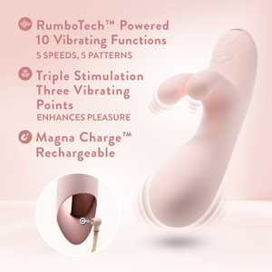 Image showing the Blush Elora Personal Massager Vibrating at all its points, and below is a separate circular close-up image of the charging port. On the top left are feature icons for: RumboTech Powered 10 Vibrating Functions 5 SPEEDS, 5 PATTERNS; Triple Stimulation Three Vibrating Points ENHANCES PLEASURE; Magna Charge Rechargeable.