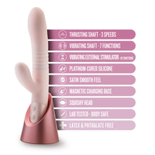 Load image into Gallery viewer, Blush Fraya Thrusting Rabbit with Charging Station features: THRUSTING SHAFT - 3 SPEEDS; VIBRATING SHAFT - 7 FUNCTIONS; VIBRATING EXTERNAL STIMULATOR - I0 FUNCTIONS; PLATINUM-CURED SILICONE; SATIN SMOOTH FEEL; MAGNETIC CHARGING BASE; SQUISHY HEAD; LAB TESTED - BODY SAFE; LATEX &amp; PHTHALATE FREE.