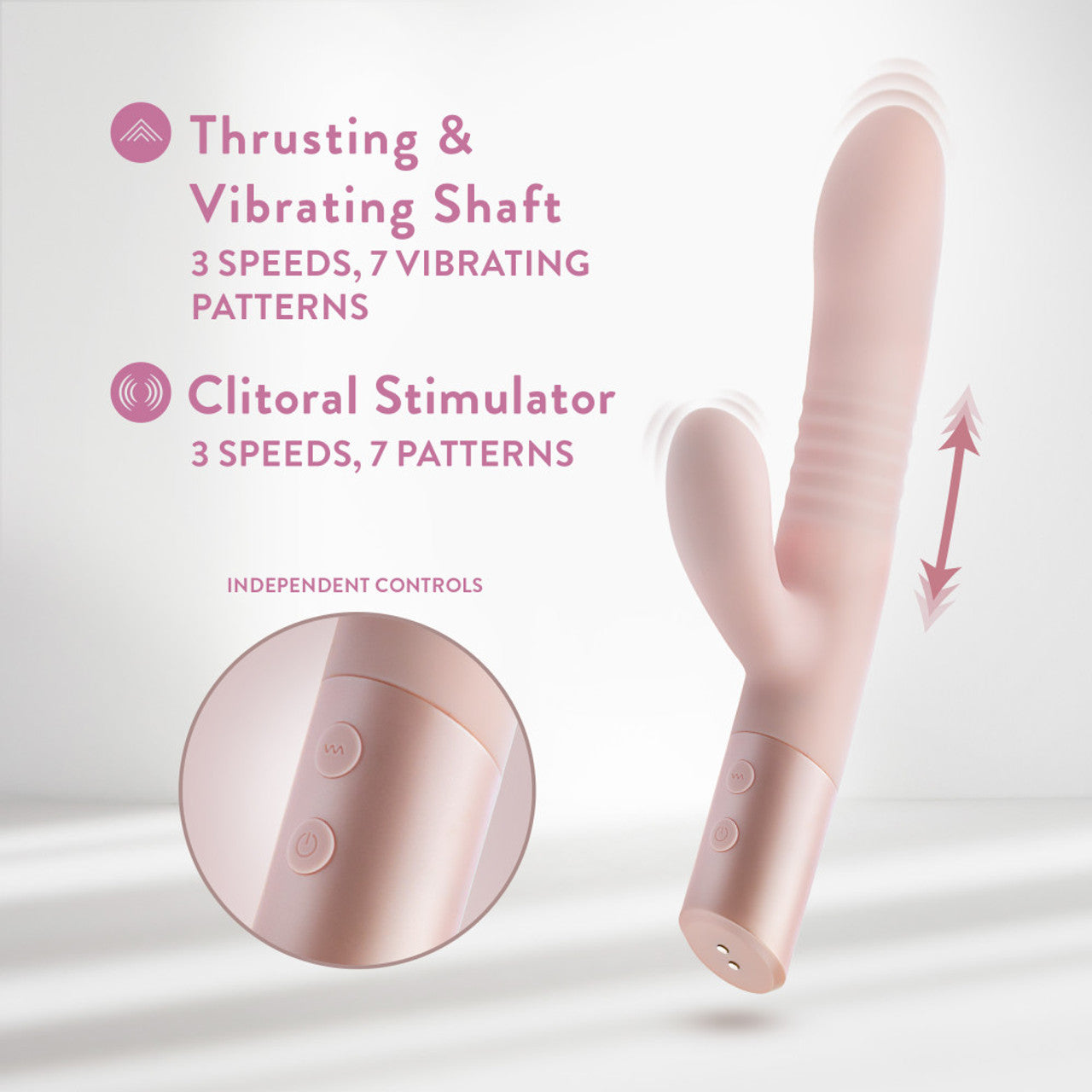 Front side image of the Blush Fraya Thrusting Rabbit with vibration motion waves around the vibrating points. to the left is a separate circled close-up image of the product's independent controls. Above are feature icons for: Thrusting & Vibrating Shaft 3 speeds, 7 vibrating patterns; Clitoral Stimulators 3 speeds, 7 patterns.