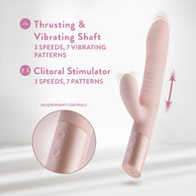 Load image into Gallery viewer, Front side image of the Blush Fraya Thrusting Rabbit with vibration motion waves around the vibrating points. to the left is a separate circled close-up image of the product&#39;s independent controls. Above are feature icons for: Thrusting &amp; Vibrating Shaft 3 speeds, 7 vibrating patterns; Clitoral Stimulators 3 speeds, 7 patterns.
