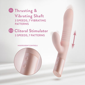 Front side image of the Blush Fraya Thrusting Rabbit with vibration motion waves around the vibrating points. to the left is a separate circled close-up image of the product's independent controls. Above are feature icons for: Thrusting & Vibrating Shaft 3 speeds, 7 vibrating patterns; Clitoral Stimulators 3 speeds, 7 patterns.