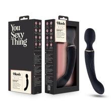 Load image into Gallery viewer, Left side of the image is showing back side of product packaging, in the middle is the front side of product packaging, and on the right side of the image is the product Blush Gia Massage Wand + G-Spot Vibe.