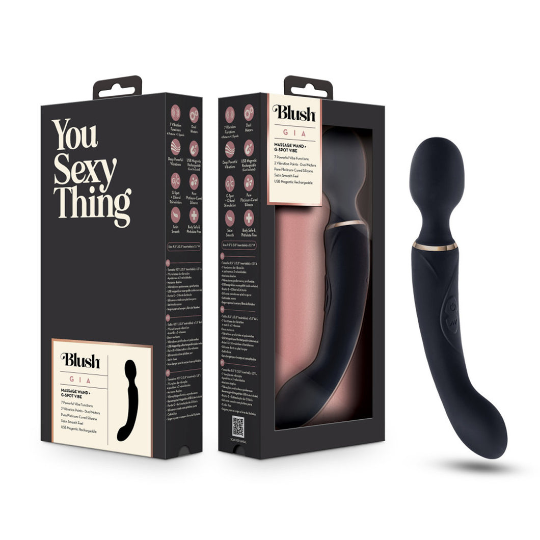 Left side of the image is showing back side of product packaging, in the middle is the front side of product packaging, and on the right side of the image is the product Blush Gia Massage Wand + G-Spot Vibe.