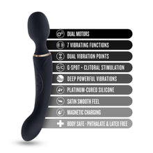 Load image into Gallery viewer, Blush Gia Massage Wand + G-Spot Vibe features: DUAL MOTORS; 7 VIBRATING FUNCTIONS; DUAL VIBRATION POINTS; G-SPOT + CLITORAL STIMULATION; DEEP POWERFUL VIBRATIONS; PLATINUM-CURED SILICONE; SATIN SMOOTH FEEL; MAGNETIC CHARGING; BODY SAFE - PHTHALATE &amp; LATEX FREE.