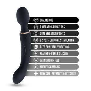 Blush Gia Massage Wand + G-Spot Vibe features: DUAL MOTORS; 7 VIBRATING FUNCTIONS; DUAL VIBRATION POINTS; G-SPOT + CLITORAL STIMULATION; DEEP POWERFUL VIBRATIONS; PLATINUM-CURED SILICONE; SATIN SMOOTH FEEL; MAGNETIC CHARGING; BODY SAFE - PHTHALATE & LATEX FREE.