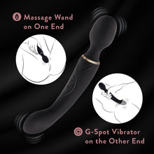 Load image into Gallery viewer, An image of the Blush Gia Massage Wand + G-Spot Vibe with illustrations of vibration waves from each end of the product, indicating the vibrating points of the product. Product feature icons for: Massage Wand on One End with a circular diagram showing the Wand End massaging around the vagina area; G-Spot Vibrator on the other end, with a circular diagram showing thr G-Spot Vibe inserted into the vagina.