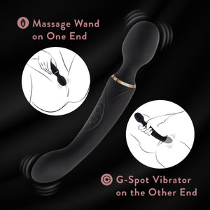 An image of the Blush Gia Massage Wand + G-Spot Vibe with illustrations of vibration waves from each end of the product, indicating the vibrating points of the product. Product feature icons for: Massage Wand on One End with a circular diagram showing the Wand End massaging around the vagina area; G-Spot Vibrator on the other end, with a circular diagram showing thr G-Spot Vibe inserted into the vagina.