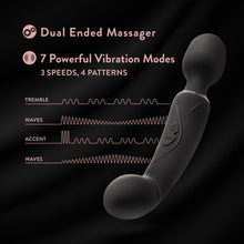 Load image into Gallery viewer, Feature icons for Dual Ended Massager; 7 Powerful Vibration Modes 3 speeds, 4 patterns. Below are diagrams of each of 4 vibrations patterns: Tremble (3 vibration thumps in a set of 4); Waves (High intensity waves decreasing, and then increases back); Accent (3 very high intensity thumps, and then 3 lower intensity thumps in a set of 4); Waves (Low intensity waves increases to high intensity and then decreases back to low). On the right side is the Blush Gia Massage Wand + G-Spot Vibe.